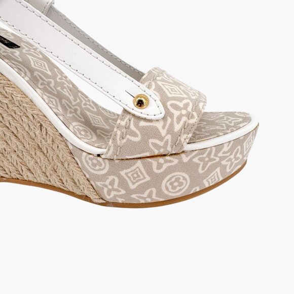Louis Vuitton Espadrille Wedge Sandals Size 38.5 US 8.5 Beige LV Canvas Platform - Picture 9 of 14